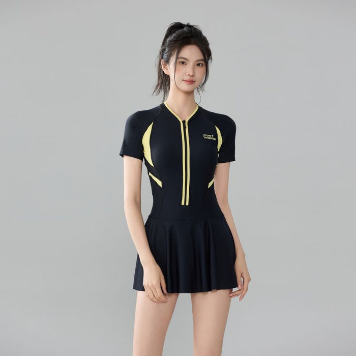 Wholesale Swimsuit one-piece skirt style covers the belly to make you look slimmer, color blocked hot spring swimsuit