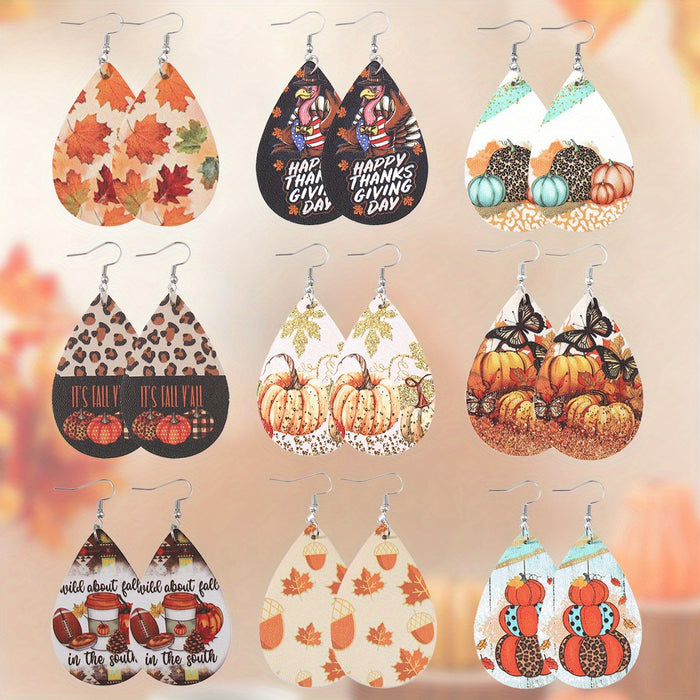 Wholesale Thanksgiving turkey pumpkin maple leaf water drop pu leather earrings
