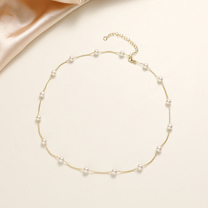 Wholesale Elegant and atmospheric pearl necklace, niche design, versatile, copper plated real gold neck chain, locking bone chain