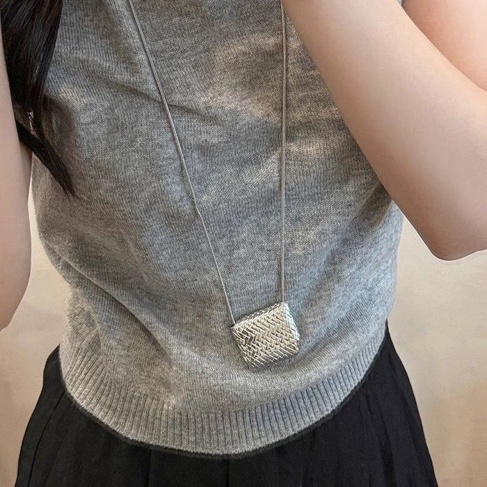 Wholesale Mini woven small bag necklace, light luxury, niche luxury, layered accessories, fashionable long sweater chain