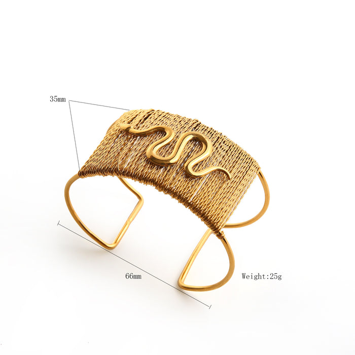 Wholesale Exaggerated opening bracelet with natural stone inlay and hollow woven stainless steel bracelet