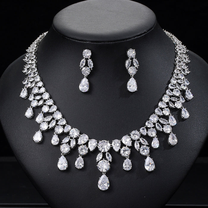 Wholesale Zircon Necklace Earrings Set Bride Wedding Dress Dinner Jewelry Water Drop Full of Diamonds