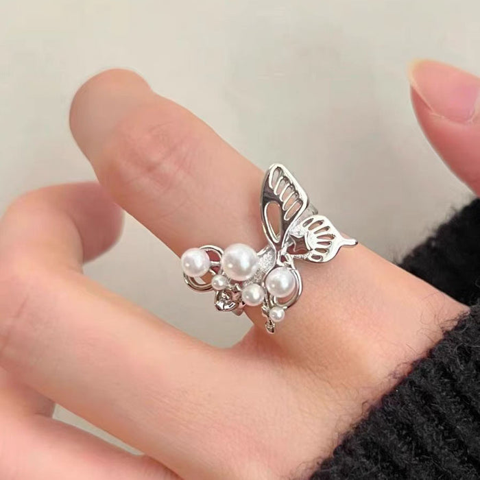 Wholesale Sweet butterfly ring, gentle and elegant temperament, pearl opening ring, fashionable layering