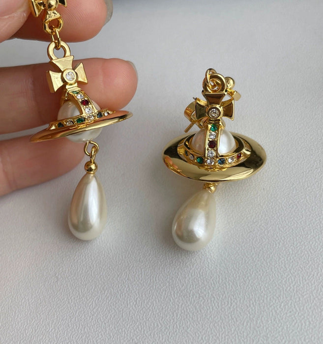 Wholesale UFO-engraved Saturn gold and silver teardrop pearl earrings