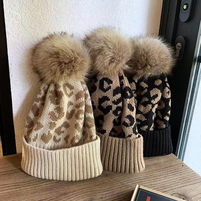 Wholesale Leopard Print Curled Wool Ball Knitted Hat Women' s Hat Outdoor Warm Thickened Men' s Woolen Hat Trend