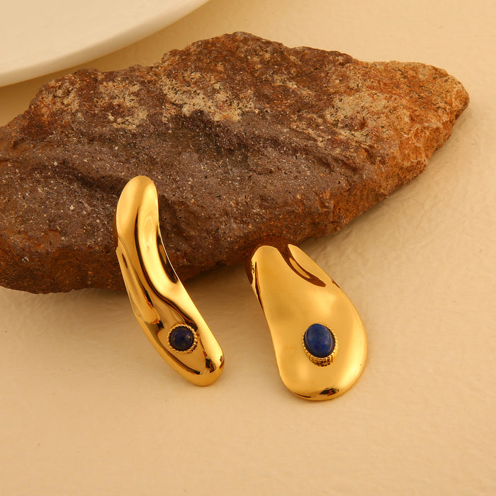 Wholesale Original design: Stainless steel irregular earrings set with natural stones, exaggerated personality and temperament, slanted earrings