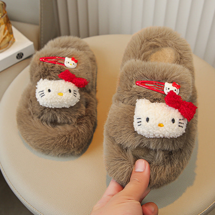 Wholesale Plush cat hairpin soft sole non-slip wear-resistant indoor furry slippers
