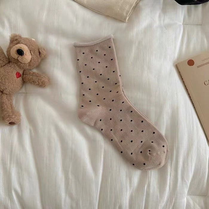 Wholesale Curled edge polka dot socks, mid tube socks, simple pile socks, long socks