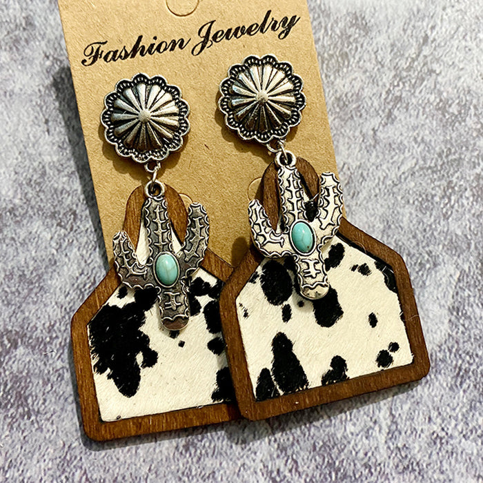 Wholesale Western earrings bohemian genuine leather cowhide horsehair Cow brand