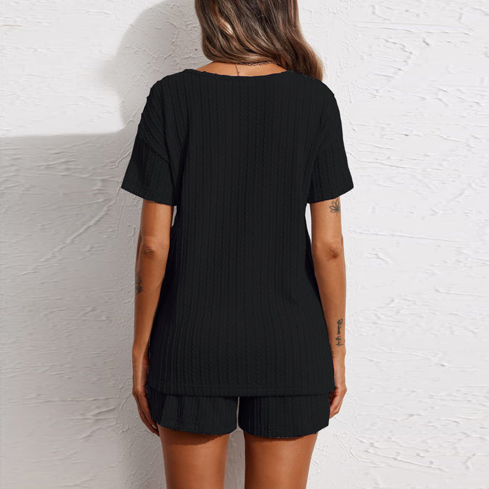 Wholesale Home wear pajama set knitted jacquard fabric short sleeved shorts two-piece set