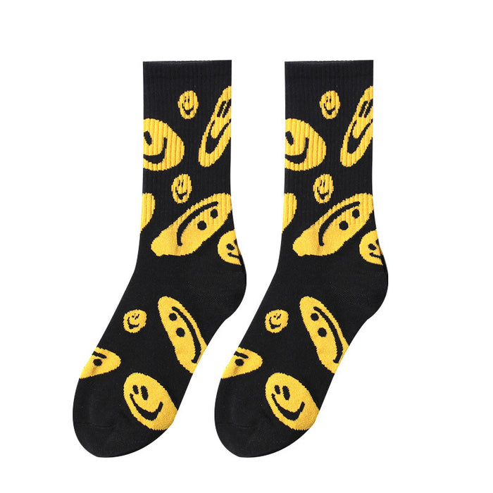 Wholesale Smiling face socks, street skateboarding socks, mid length socks, cotton socks, socks