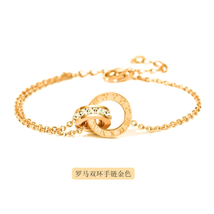 Wholesale Light luxury design collarbone chain simple and versatile Roman double ring necklace 18K rose gold titanium steel necklace accessories