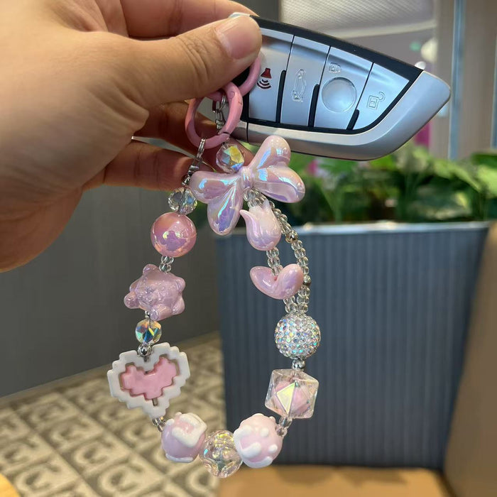 Wholesale Painted handmade bead bow keychain pendant with washer, crystal rhinestone keychain