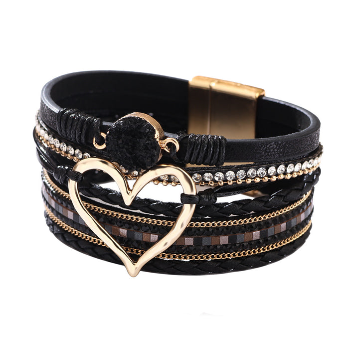 Wholesale New Bracelets for Women Bohemian Love Rhinestone Magnetic Bracelet PU Artificial Leather Soft Bracelet JDC-BT-QN001