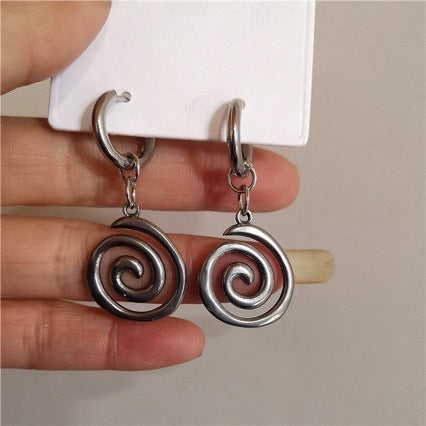 Wholesale Retro geometric spiral stainless steel earrings, personalized and trendy hip-hop earrings