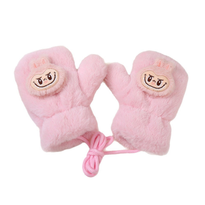 Wholesale Cute cartoon-style faux rabbit fur thickened kids' gloves with drawstring to prevent loss