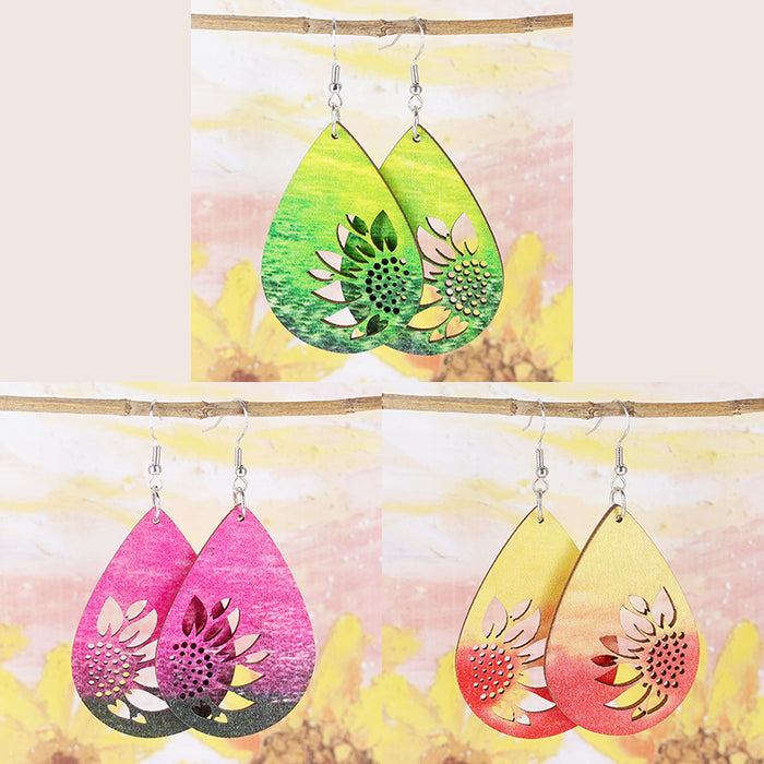 Wholesale Bohemian Resort Style Multicolour Sunflower Cut Out Wooden Earrings for Women