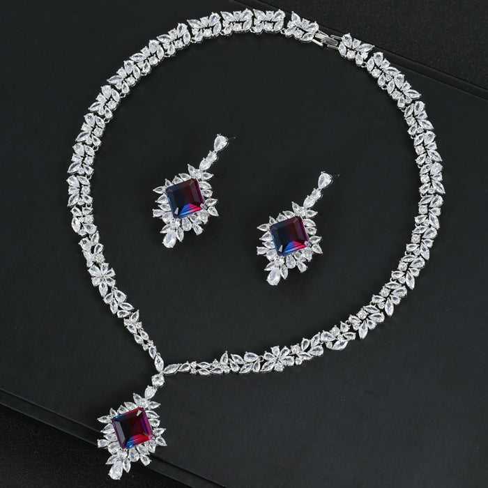 Wholesale Zircon Necklace Earrings suit Wedding Dinner High-end Jewelry Square Decoration Women' s
