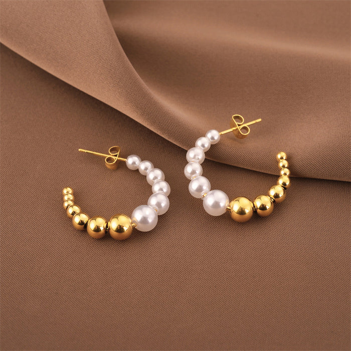 Wholesale Gold and White Round Ball Circle Titanium Steel Beaded Earrings JDC-ES-QuanX001