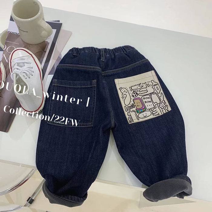 Wholesale Boys' fleece-lined Thickened Jeans Soft Children's Girls Baby One-piece Velvet Casual Pants