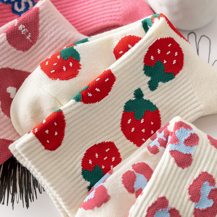 Wholesale Pink letter love strawberry socks, children's fashionable and versatile cute long socks, mid tube socks
