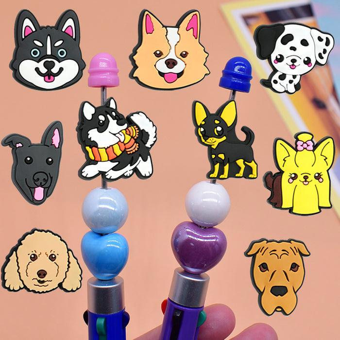 Wholesale Cute Pet Dog Beaded Pvc Soft Rubber Beaded Pen DIY Accessories Material Cartoon Beads Ballpoint Pen with Bead Decoration