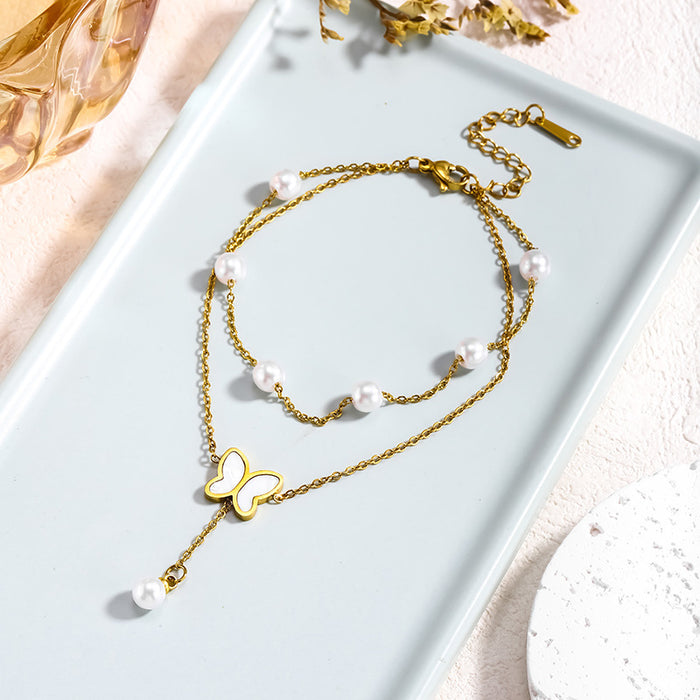 Wholesale Double-layer pearl butterfly pendant anklet