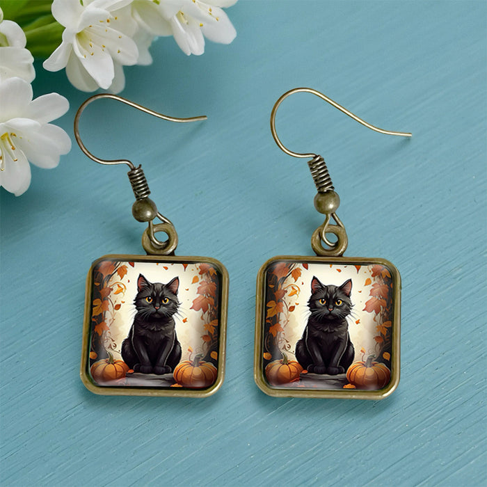 Wholesale  Black Cat Pumpkin Autumn Vintage Copper Square Time Gem Crystal Glass Earrings