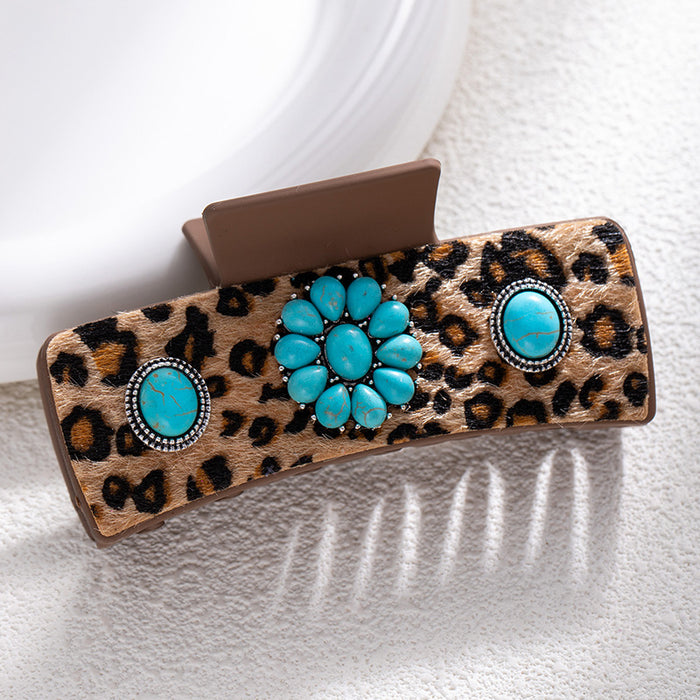 Wholesale Bohemian Turquoise Western Grabber Retro Leopard Sequin Leather Ethnic Style Shark Clip
