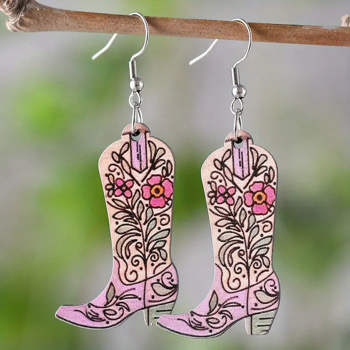 Wholesale Western style pink heart flower leaf double-sided pattern cowboy boots wooden earrings fashion gift