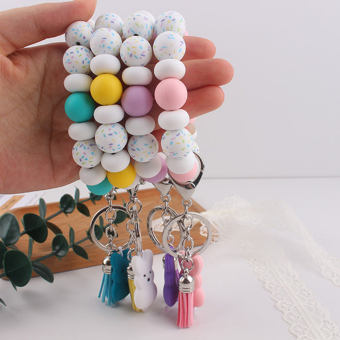 Wholesale Silicone Food Grade Silicone Bead Rabbit Bracelet Wrist Keychain Pendant Tassel Bracelet