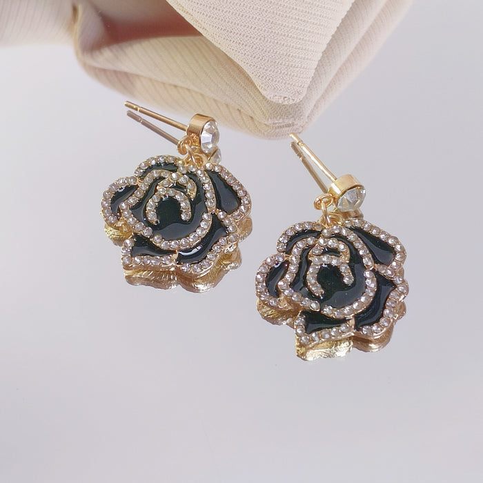 Wholesale Black Camellia Diamond Alloy Earrings JDC-ES-TongS005