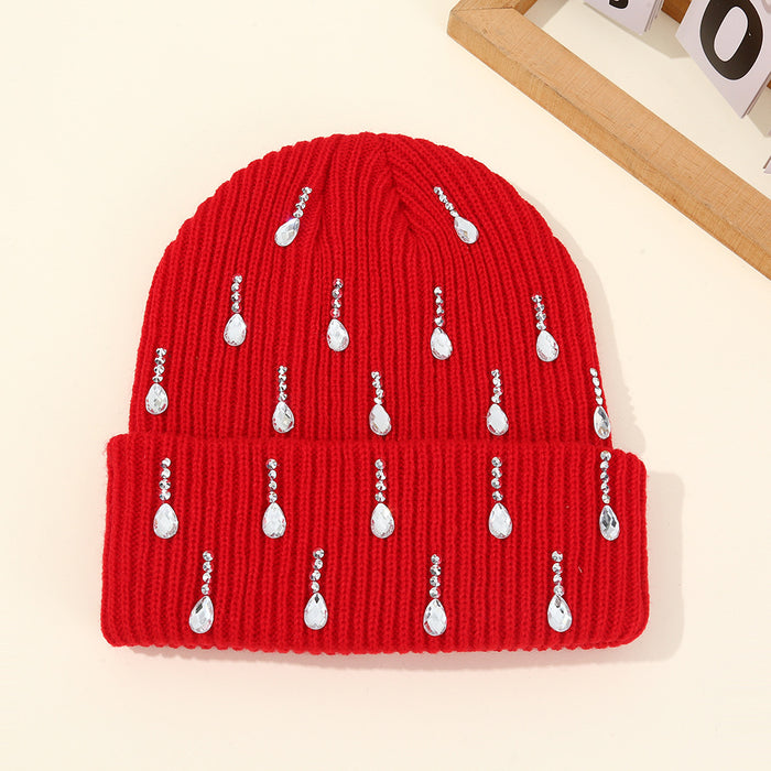 Wholesale Pearl sparkling diamond knitted hat,  double-layer outdoor warm woolen hat