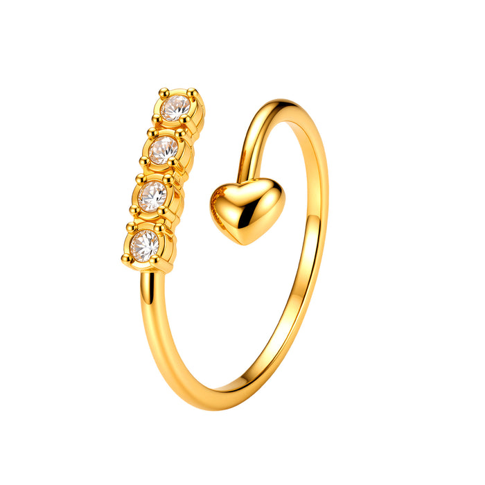 Wholesale Heart Rhinestone Open Adjustable Ring Stainless Steel Gold Plated Jewelry Accessory