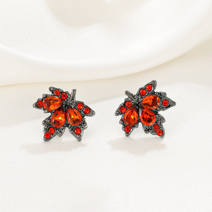 Wholesale Retro niche full diamond maple leaf earrings, elegant and luxurious earrings, earrings and accessories