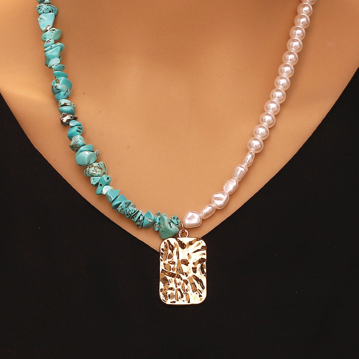 Wholesale Turquoise Pearl necklace geometric pleated alloy pendant necklace