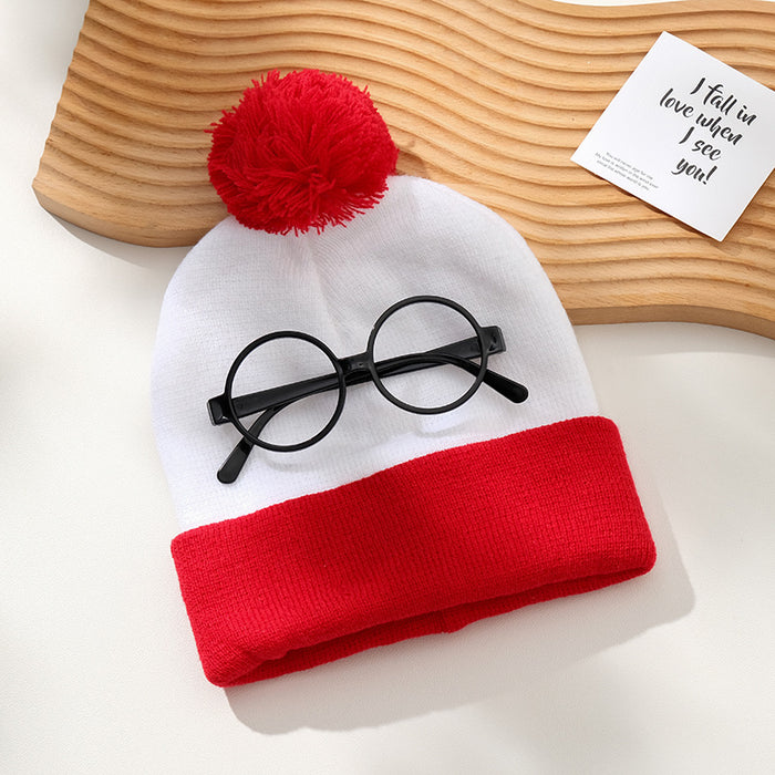Wholesale  Hat Woolen Christmas Knitted Hat Red and White Christmas Hat Fur Ball Knitted Hat Red and White Hat Glasses