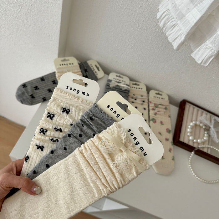 Wholesale Mesh bow socks, mid tube socks, pure cotton breathable long socks