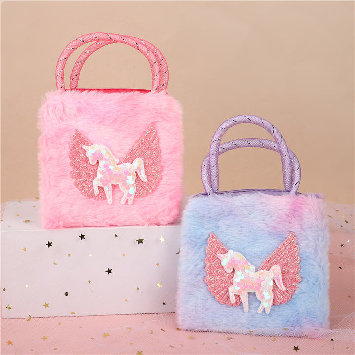 Wholesale Children' s Colorful Plush Unicorn Small Satchel Shoulder Bag