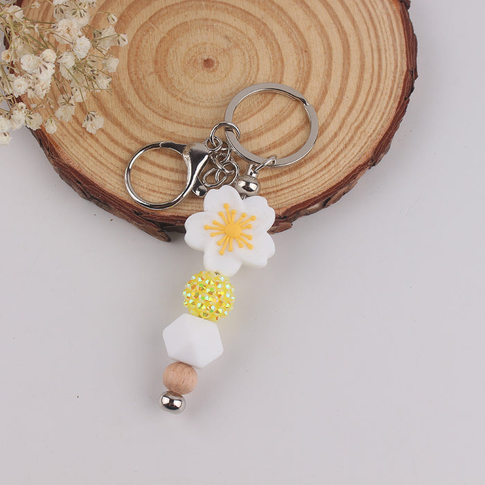 Wholesale Begonia  Flower Beaded Tassel Keychain Pendant Silicone Beads Handmade Bag Decoration Hanging