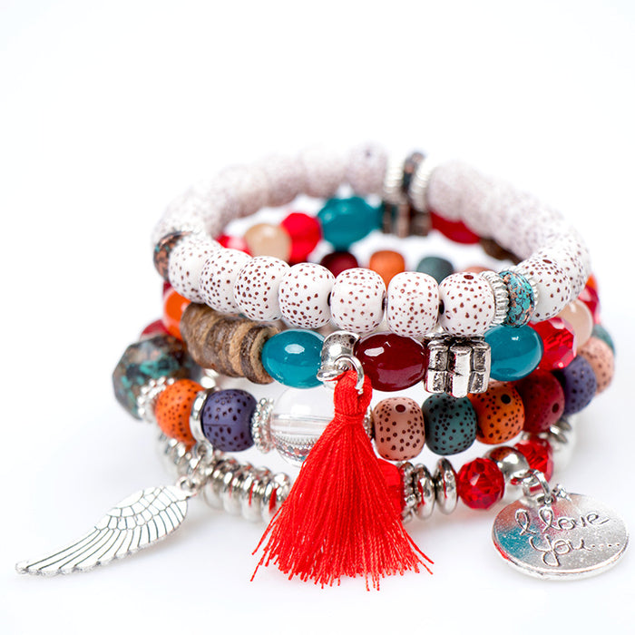 Wholesale Bohemian Multi-layer Bracelet Creative Tassel Bodhi Beaded Wings Love Fashion Bracelet Jewelry JDC-BT-NHong007