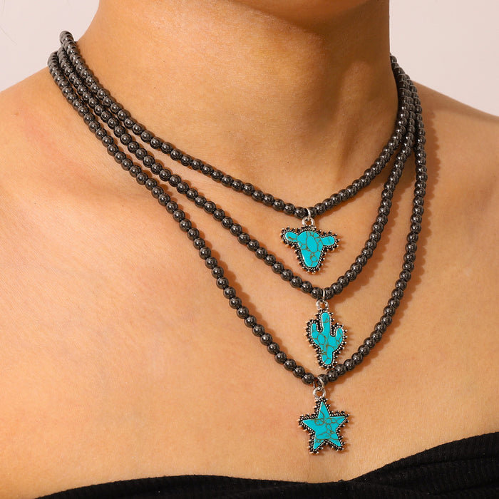 Wholesale Fashionable black round bead necklace for women,  cowboy boots with bull head and five-pointed star ornaments