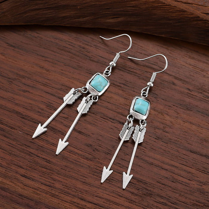 Wholesale Old silver irregular turquoise pendant feather arrow earrings creative retro earrings