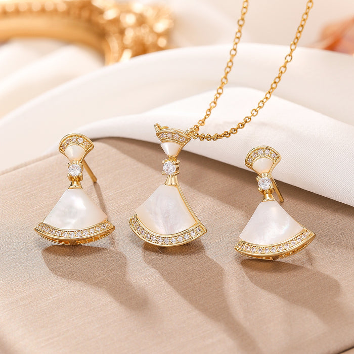 Wholesale high version small skirt necklace earrings clavicle chain fan-shaped white fritillary suit