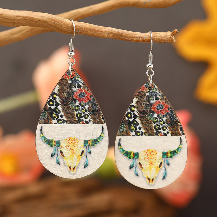 Wholesale Bull head sunflower water drop female model printing personality all-match long earrings trendy street shot wooden