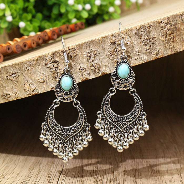 Wholesale Exquisite earrings inlaid with turquoise, women's retro alloy bells, versatile and beautiful earrings