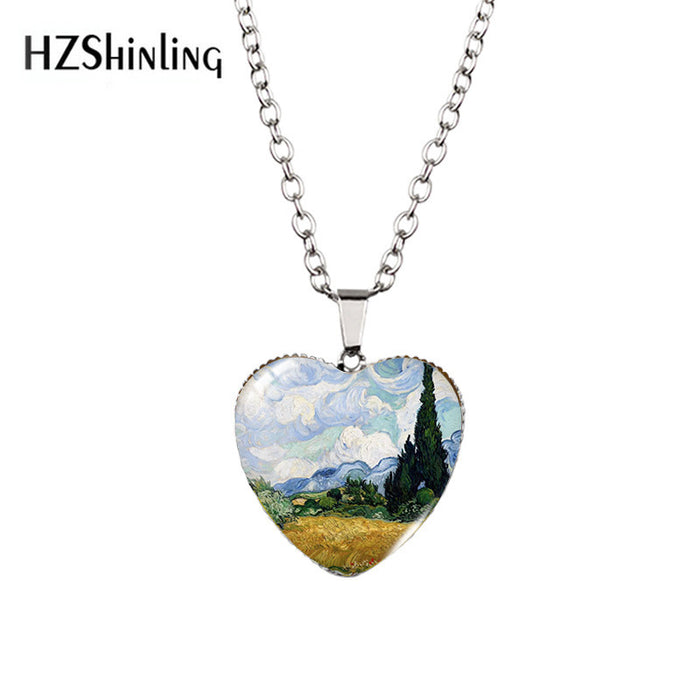 Wholesale Heart-shaped Necklace Van Gogh Starry Moon Night Sunflower Love Time Gem Pendant Sweater Chain