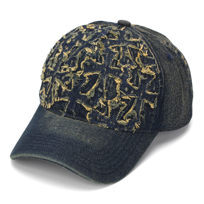 Wholesale Stylish Women' s Soft Top Washed Denim Baseball Cap with Cross Embroidery Sun Protection Hat