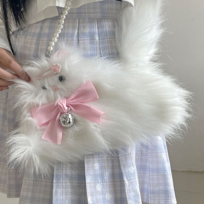 Wholesale Cute girl plush bow cat crossbody plush small bag