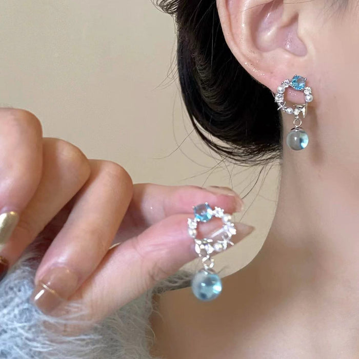 Wholesale Blue Crystal Micro-set Zircon Pearl Stud Hoop Earrings